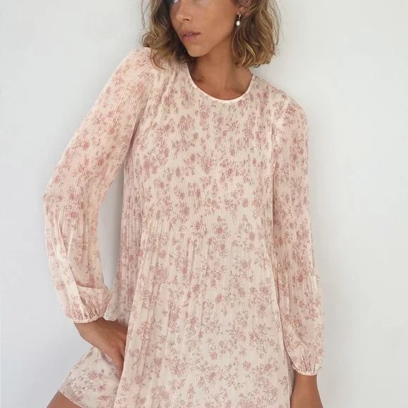 Wilfred Dresses & Skirts - Wilfred Blush Floral Pleated Long-Sleeve Mini Dress